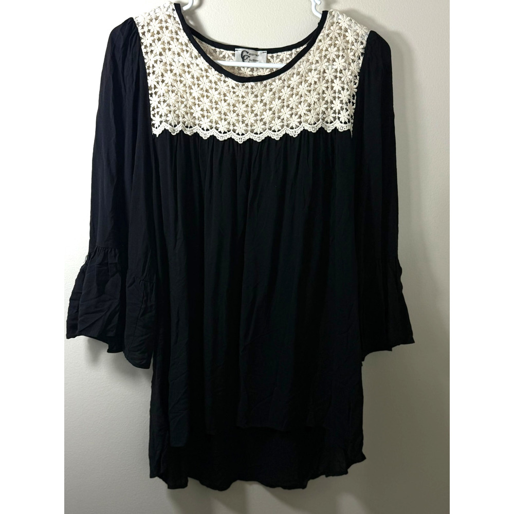 Christian Caliendo Boho Peasant Top Womens Size L Black Crochet Lace Bell Sleeve